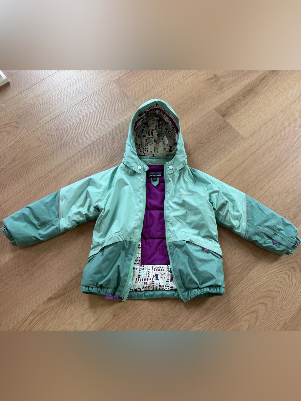 Patagonia Mint Green Kids' Hooded  Snow Insulated Jacket with Purple Lining